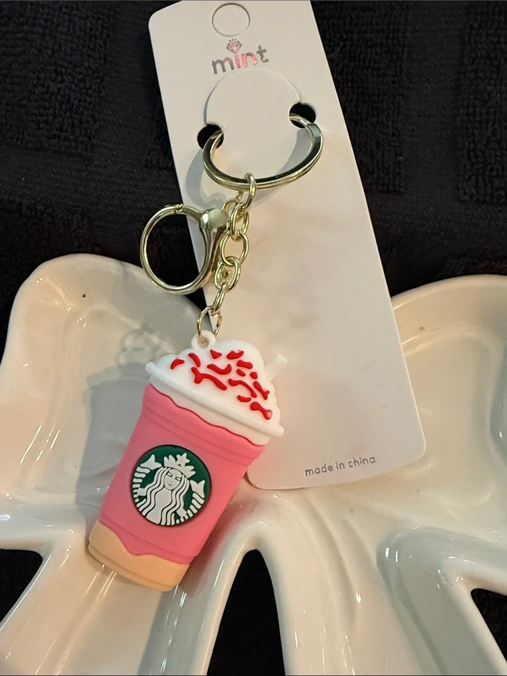 Mint Pink Starbucks Cup Keychain with White Whip and Red Sprinkles